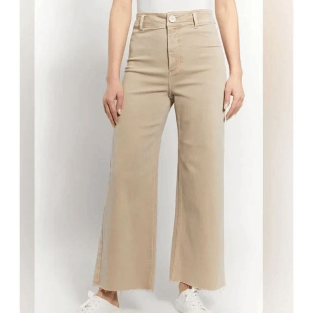 OAT New York Wide Leg‎ High Rise Tan Raw Hem Jeans Stretch Size 27